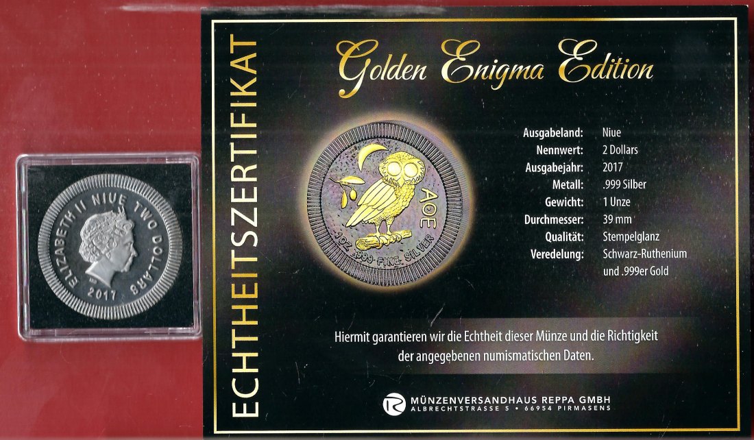  Niue 2 D. 2017 1 OZ Enigma Edition Koblenzer Muenzen Studio Münzankauf Koblenz Frank Maurer AL166   