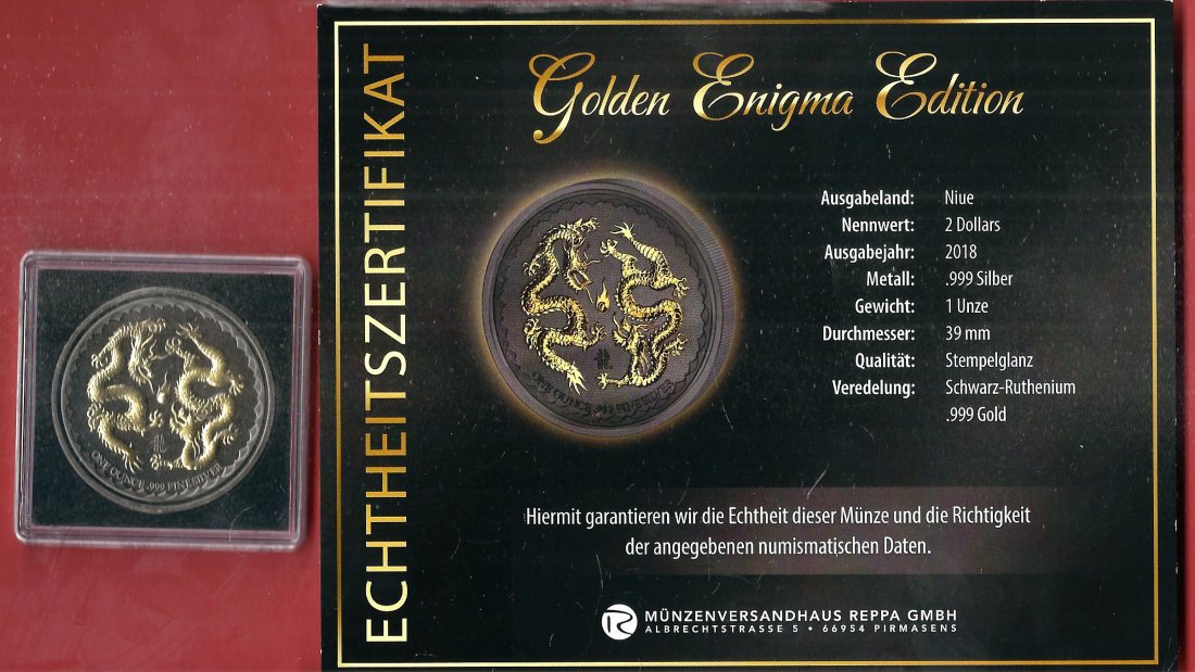 Niue 2 D. 2018 1 OZ Enigma Edition Koblenzer Muenzen Studio Münzankauf Koblenz Frank Maurer AL167   