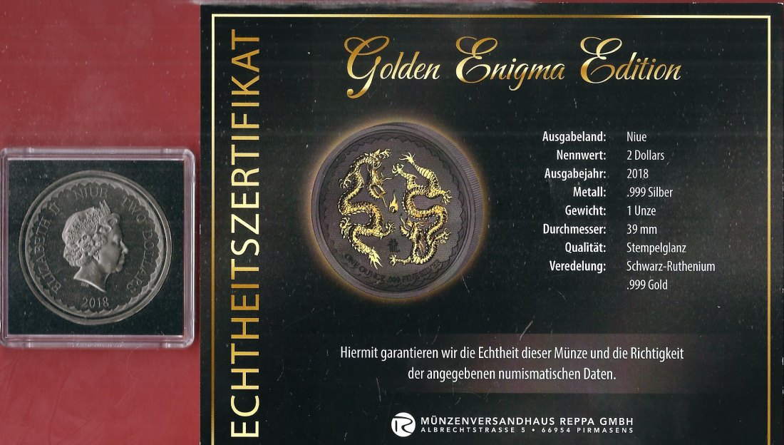  Niue 2 D. 2018 1 OZ Enigma Edition Koblenzer Muenzen Studio Münzankauf Koblenz Frank Maurer AL167   