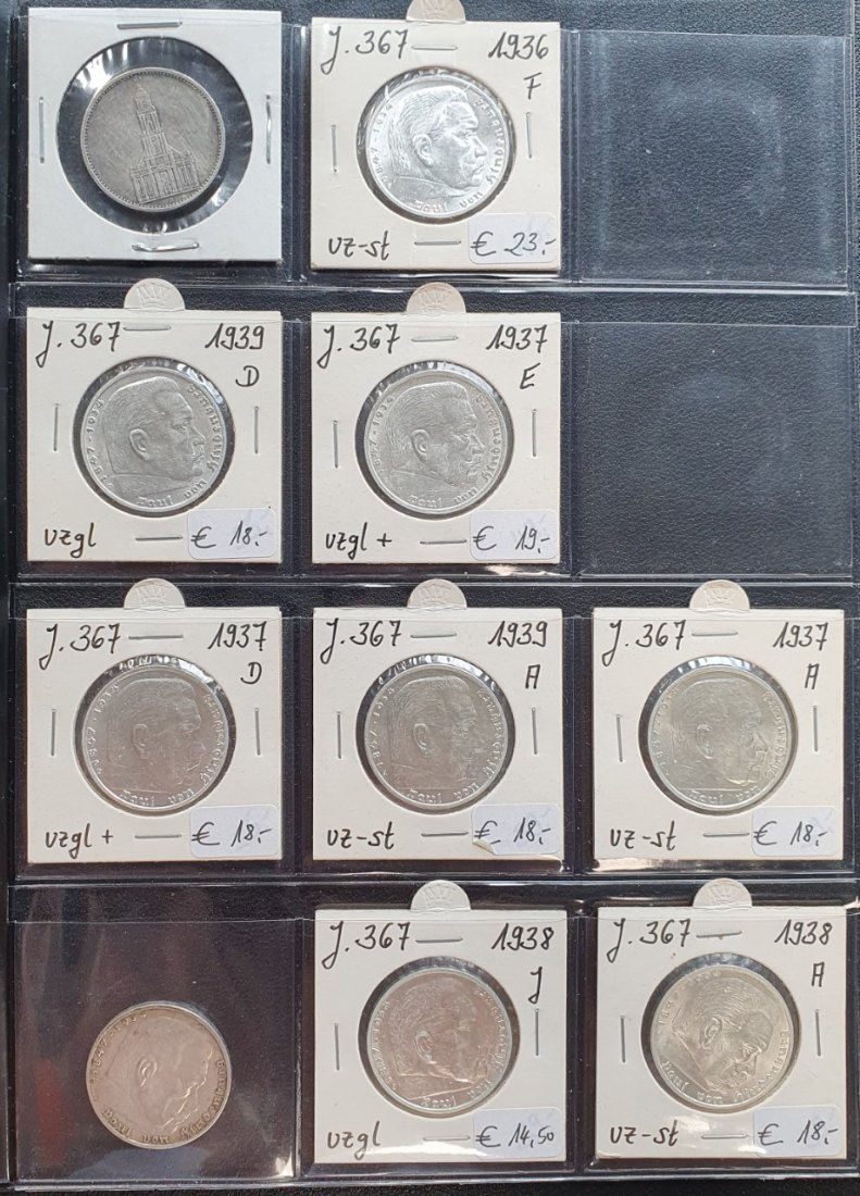 Dritte Reich 10 x 5 Reichsmark Silber Münzen ca. 125g fein.