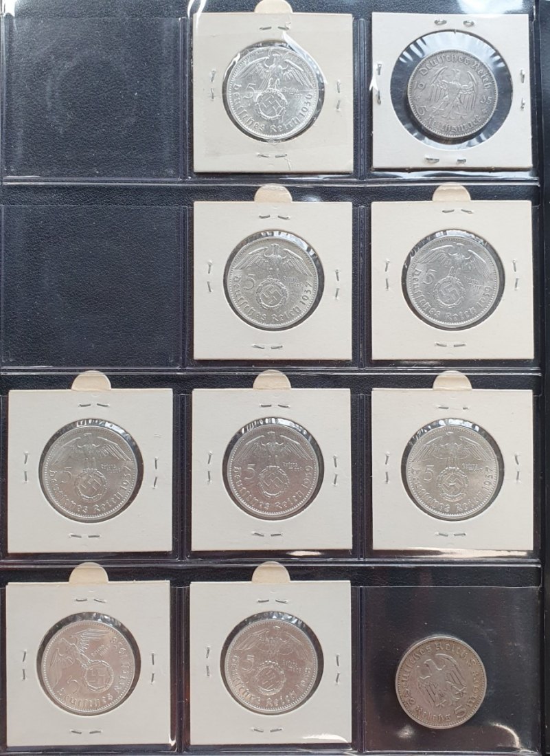  Dritte Reich 10 x 5 Reichsmark Silber Münzen ca. 125g fein.   