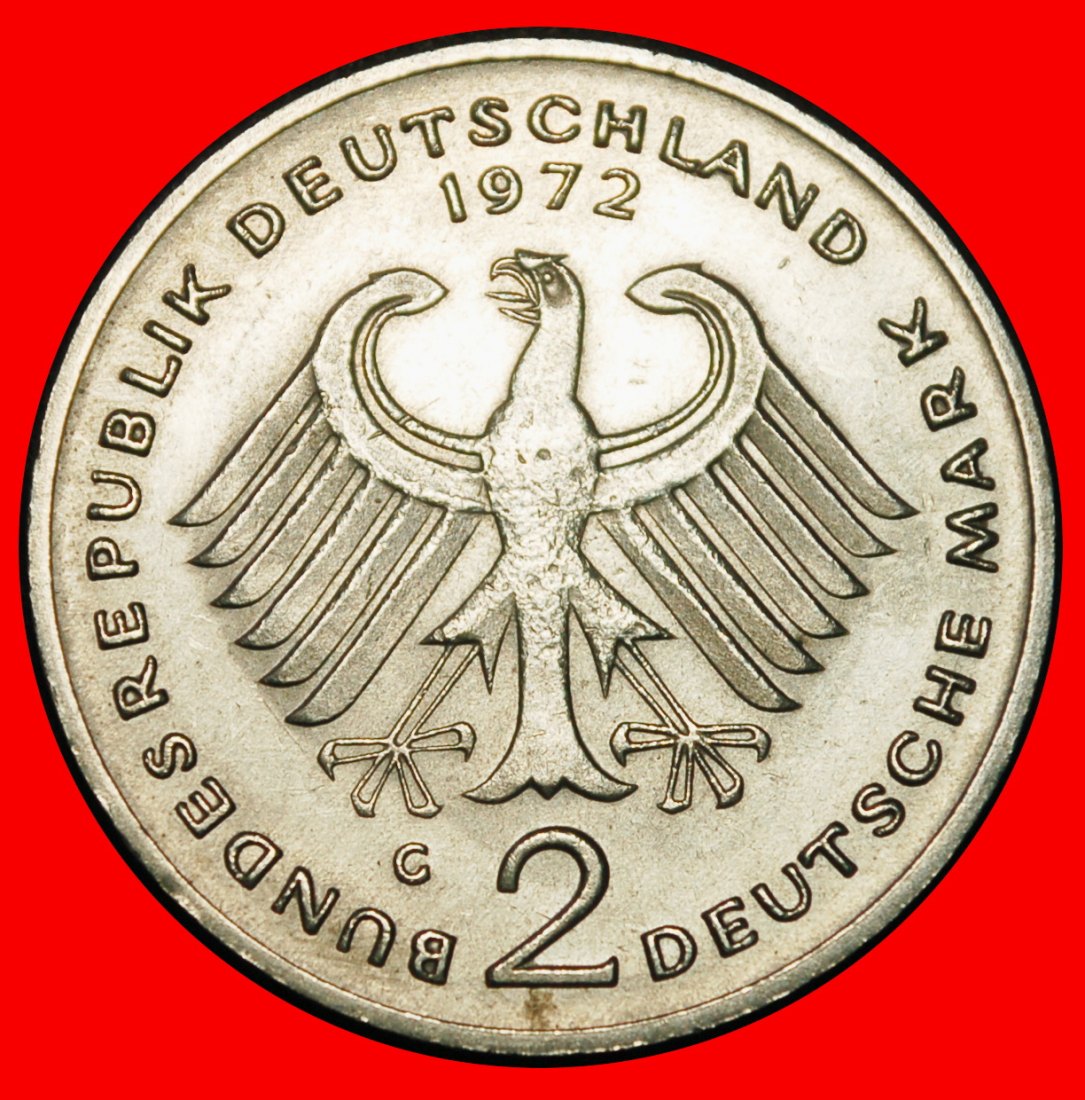 Ⰶ ADENAUER (1876-1967): DEUTSCHLAND ★ 2 MARK 1972G I+A+r1! BADEN-WÜRTTEMBERG! ★OHNE VORBEHALT!   