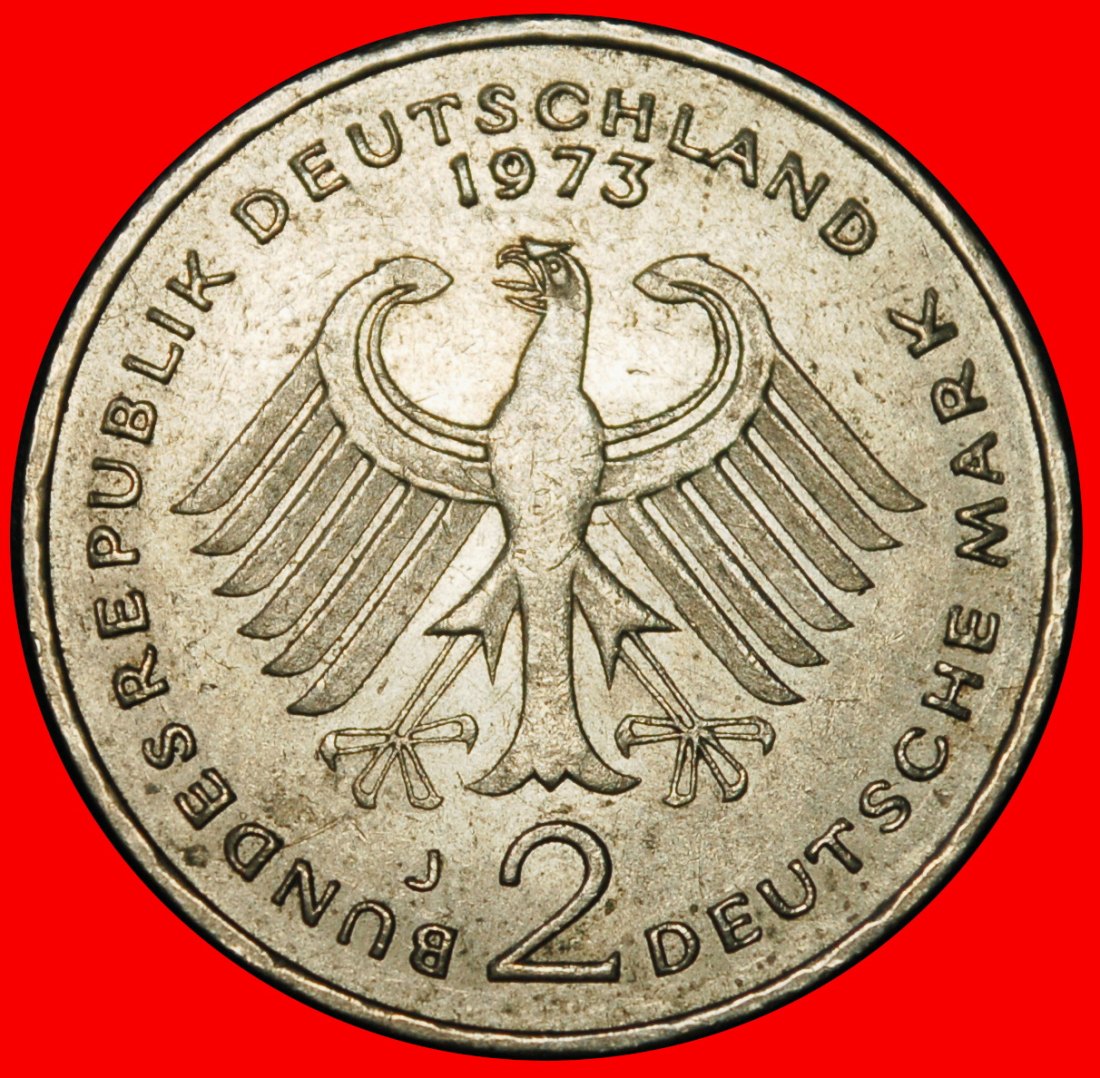  Ⰶ ADENAUER (1876-1967): DEUTSCHLAND ★ 2 MARK 1973J I+A+r1! HAMBURG!★OHNE VORBEHALT!   