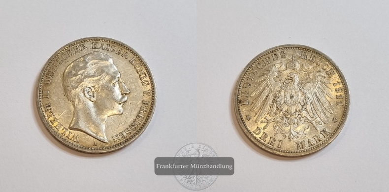  Dt. Kaiserreich Preussen, 3 Mark 1911 (1908-12) A Wilhelm II FM-Frankfurt KM#527 Feinsilber: 15g   