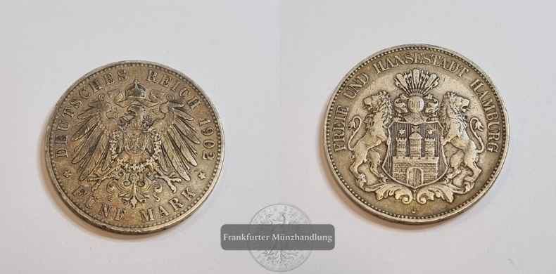  Deutsches Kaiserreich. Hamburg, Freie und Hansestadt. 5 Mark 1902 J  FM-Frankfurt   Feinsilber: 25g   