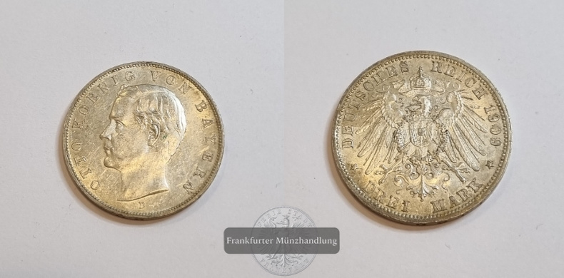 Deutsches Kaiserreich Bayern 3 Mark 1909 Otto [D] FM-Frankfurt Feinsilber: 15g   