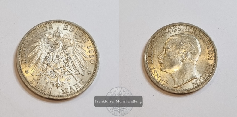  Kaiserreich Hessen  3 Mark  1910 A  Ernst Ludwig  FM-Frankfurt Feingewicht: 15g   