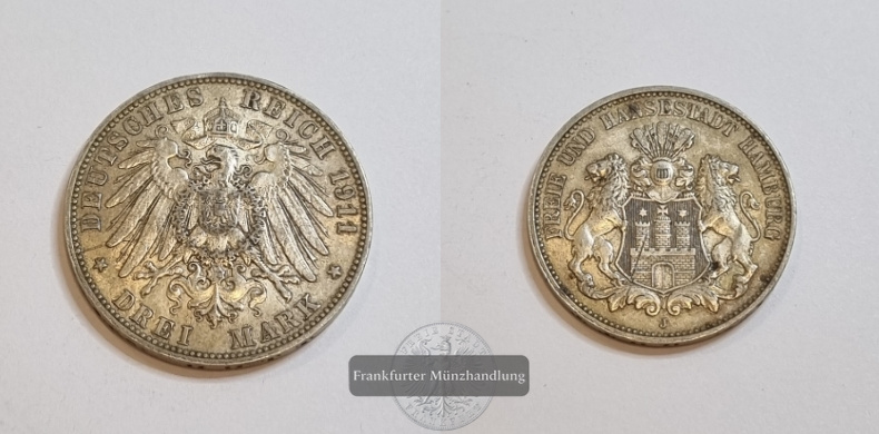  Dt. Kaiserreich, Hansestadt Hamburg 3 Mark 1911 (1908-14) J FM-Frankfurt KM#620 Feinsilber: 15g   