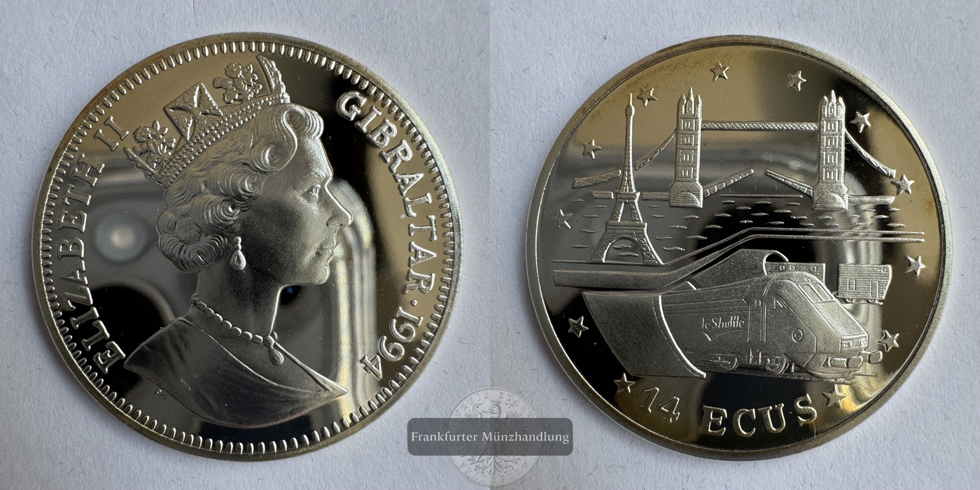  Gibraltar 14 ECUs  1994 Elizabeth II Eurotunnel FM-Frankfurt KM#485 Feinsilber: 9,25g   