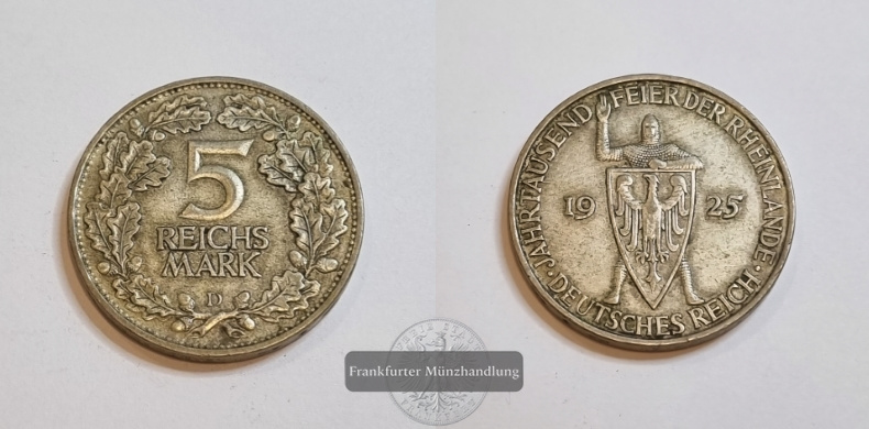  Weimarer Republik 5 Reichsmark 1925 D Rheinlande   FM-Frankfurt Feinsilber: 12,5g   