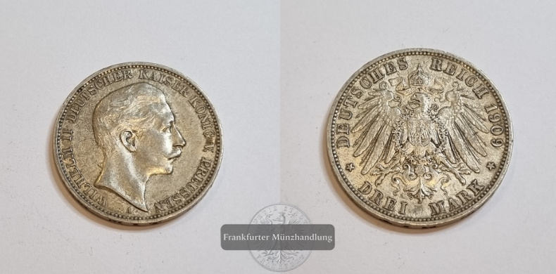  Deutsches Kaiserreich Preussen, Wilhelm II. 1888-1918.  3 Mark 1909 A  FM-Frankfurt Feinsilber: 15g   