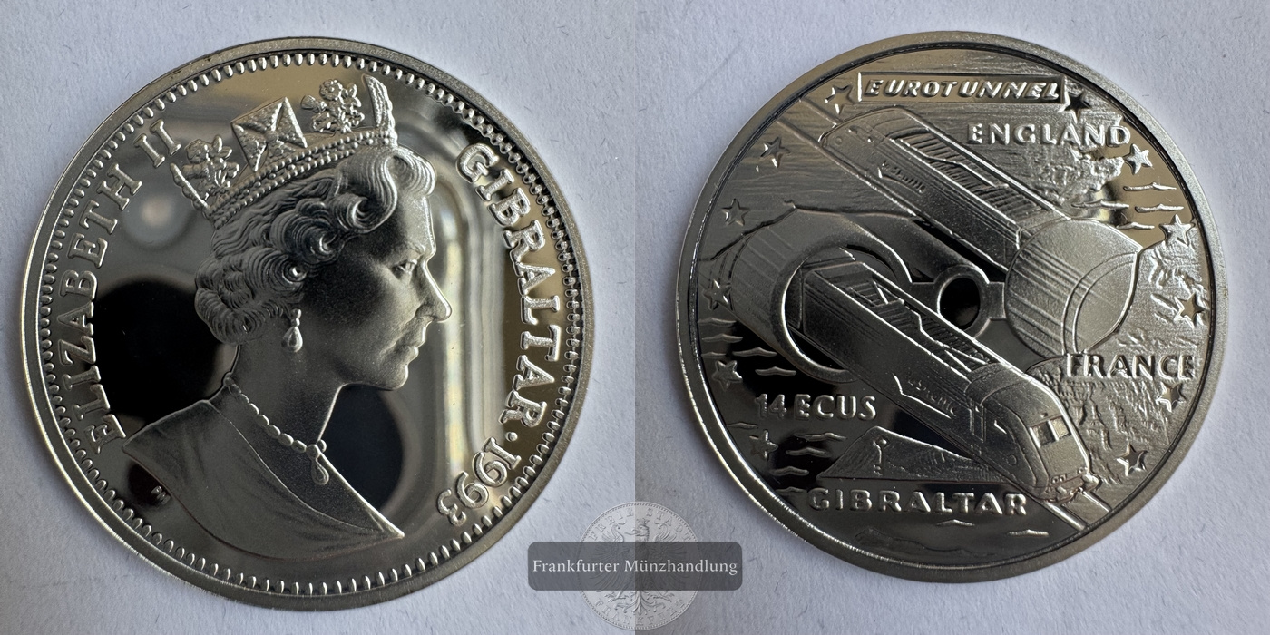  Gibraltar 14 ECUs Elizabeth II (Eurotunnel) 1993 FM-Frankfurt Feinsilber: 9,25g   