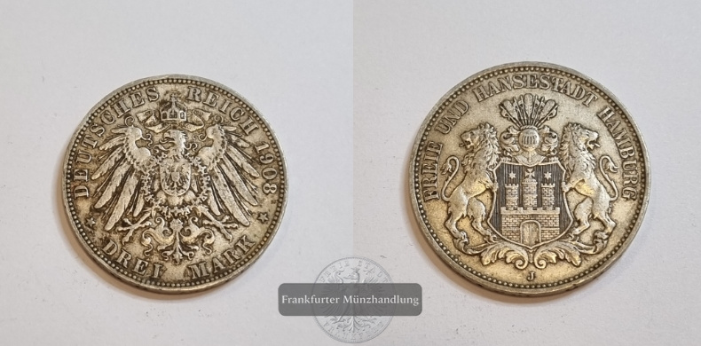  Dt. Kaiserreich, Hansestadt Hamburg 3 Mark 1911 (1908-14) J FM-Frankfurt KM#620 Feinsilber: 15g   