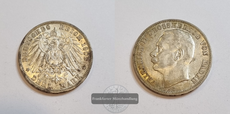  Kaiserreich, Baden  3 Mark  1908 (1908-15) G  Friedrich II. FM-Frankfurt KM#280 Feinsilber: 15g   