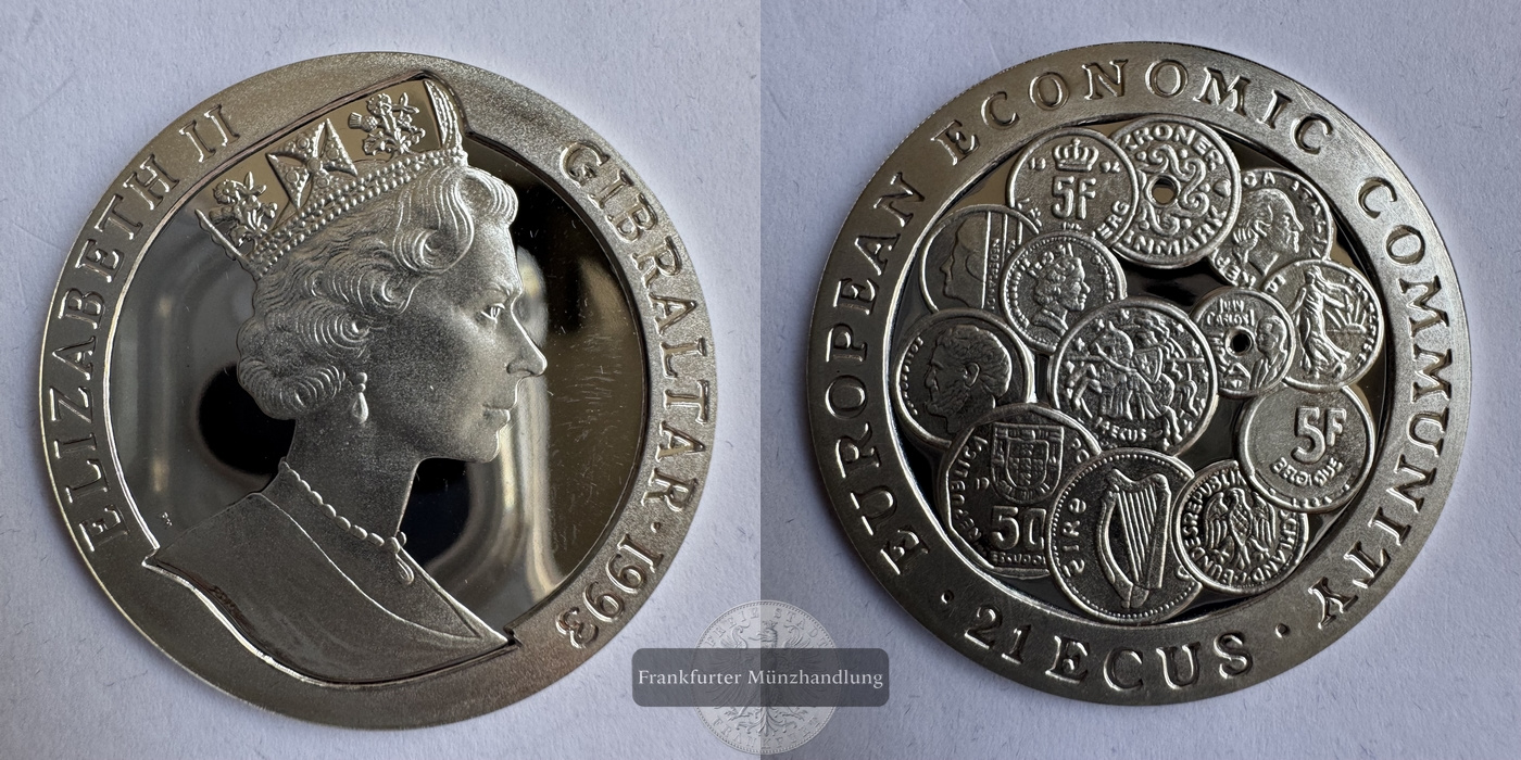  Gibraltar 21 ECUs (European Union Currencies) 1993 FM-Frankfurt Feinsilber: 17,58g   