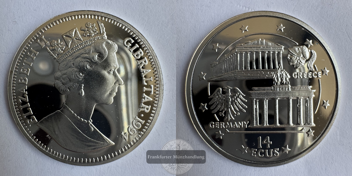  Gibraltar 14 ECUs 1994 Elizabeth II Parthenon und Branden. Tor FM-Frankfurt KM#490 Feinsilber: 9,25g   