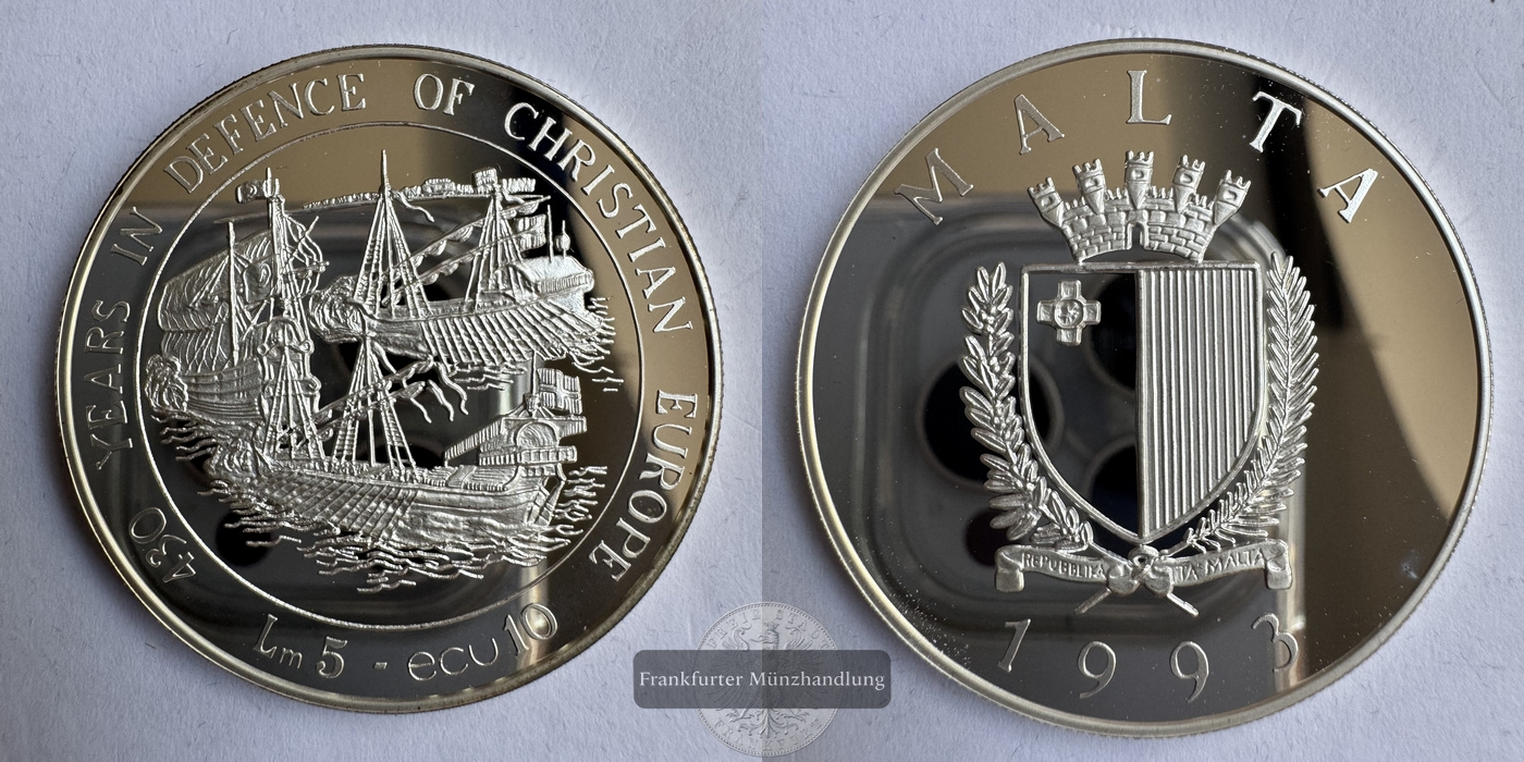  Malta 5 Liri / 10 Ecu (Defense of Europe) 1993 FM-Frankfurt Feinsilber: 23,125g   