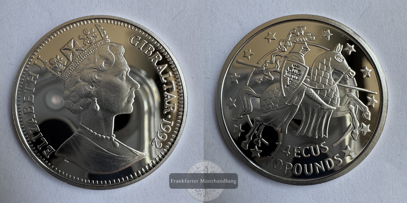  Gibraltar 14 ECUs / 10 Pounds Elizabeth II 1992 FM-Frankfurt Feinsilber: 9,25g   