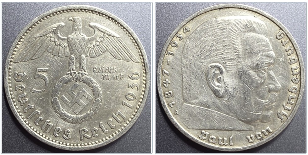  Dritte Reich 5 Reichsmark 1936 A Silber Münzen ca. 12,5g fein.   