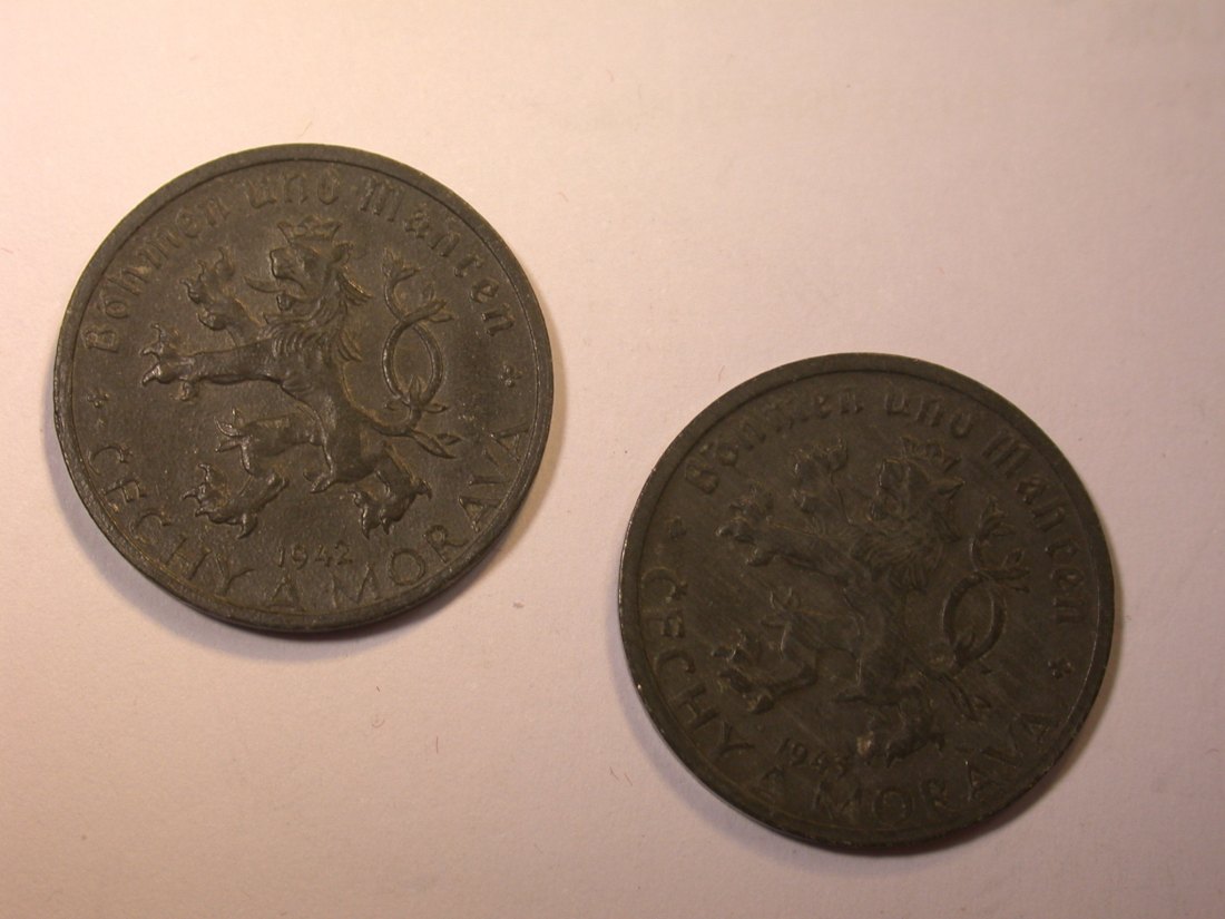 J24 Böhmen und Mähren 1 Krone 1942 + 1943 2 Münzen Originalbilder