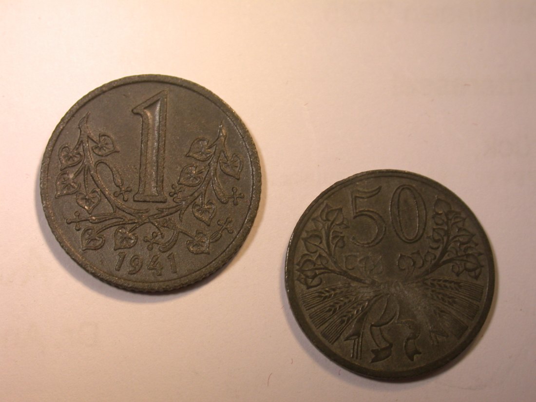 J24 Böhmen und Mähren 1 Krone 1941 + 50 Heller 1941 2 Münzen Originalbilder