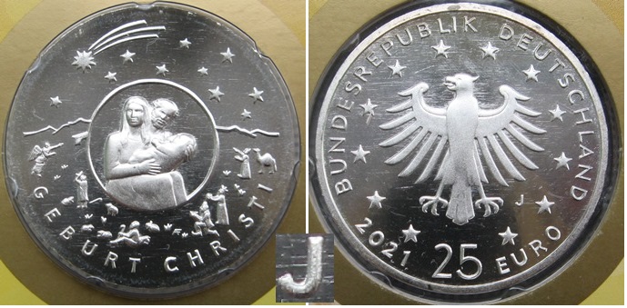  2021,BRD, Numisblatt+25 Euro,Silber.999:Weinachten-Geburt Christi,Tellerprägung   