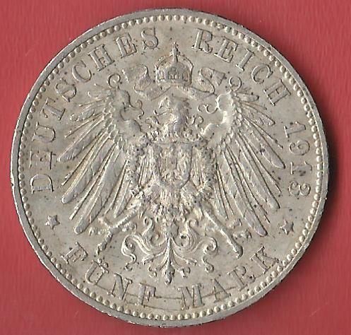  5 Mark Wuerttemberg 1913 Koblenzer Muenzen Studio Münzankauf Koblenz Frank Maurer AL183   