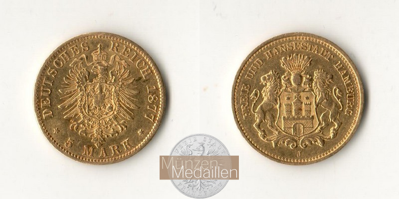 Hamburg Kaiserreich, 5 Mark MM-Frankfurt Feingold: 1,79g  1877 J 