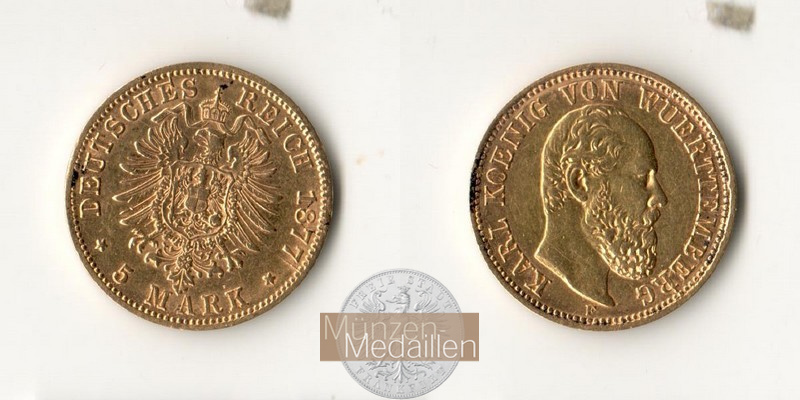 Württemberg Kaiserreich 5 Mark MM-Frankfurt Feingold: 1,79g Karl 1864-1891 1877 F 