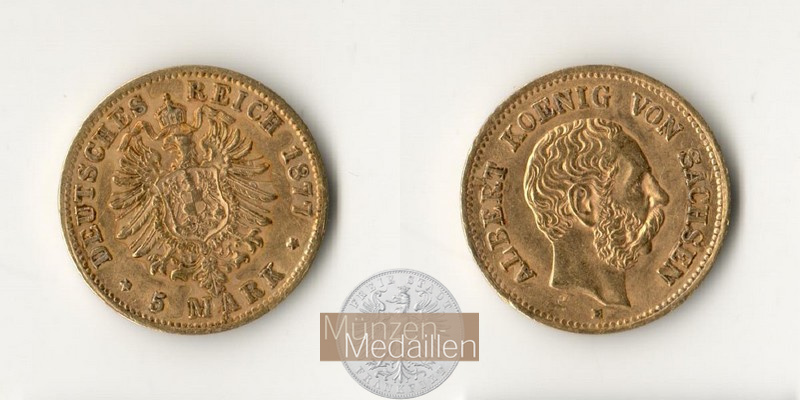 Sachsen, Albert 1873-1902. MM-Frankfurt Feingold: 1,77g 5 Mark 1877 E 
