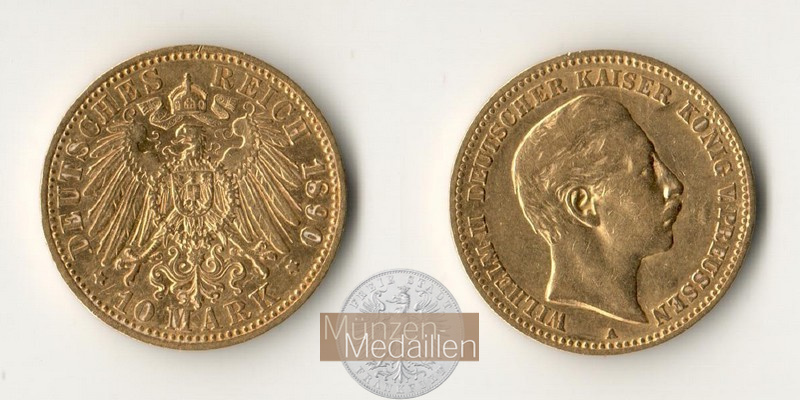 Deutsches Kaiserreich, Preussen MM-Frankfurt KM#520 Feingold: 3,58g Wilhelm II 10 Mark 1890 A 