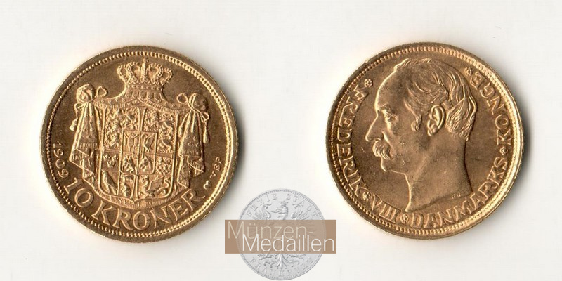 Dänemark, Frederik VIII. (1906-1912) MM-Frankfurt Feingold: 4,03g 10 Kroner 1909 VBP 