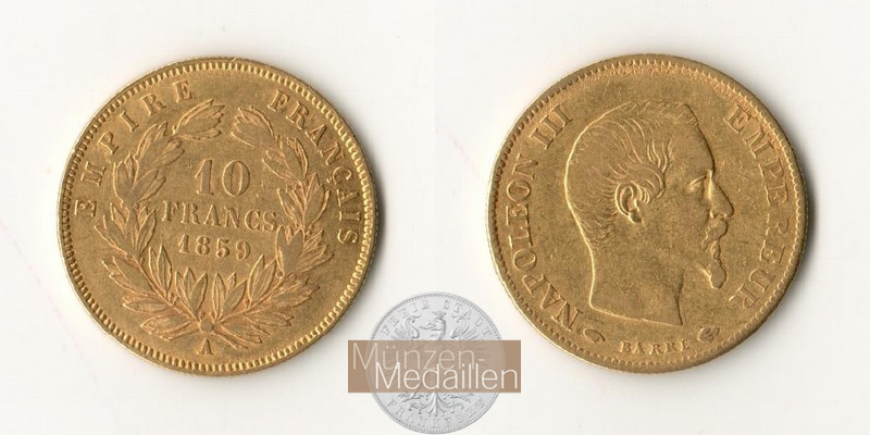 Frankreich  10 Francs MM-Frankfurt Feingold: 2,90g Napoleon III. 1852-1870 1859 A 