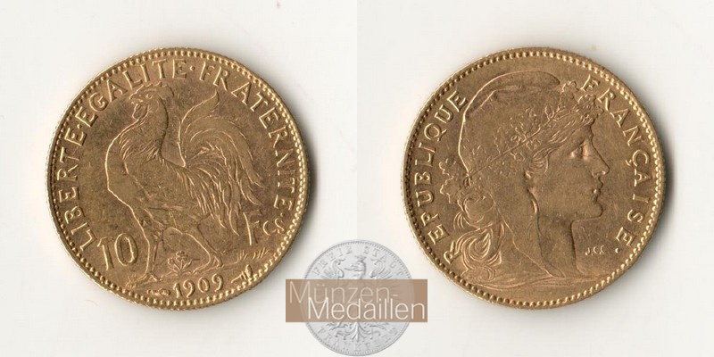 Frankreich MM-Frankfurt Feingold: 5,8g 20 Francs (1907-1914) 1909 
