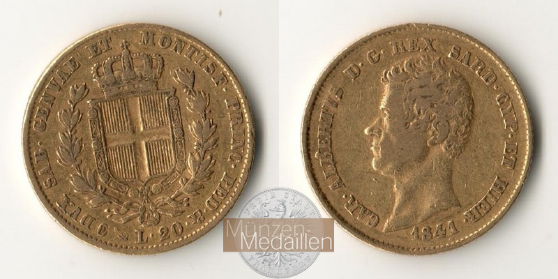 Sardinien MM-Frankfurt Feingold: 5,81g 20 Lire 1841 