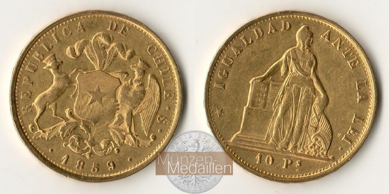 Chile MM-Frankfurt Feingold: 13,73g 10 Pesos 1859 sehr schön