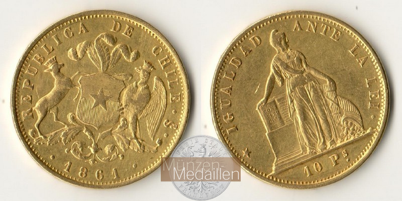 Chile MM-Frankfurt Feingold: 13,73g 10 Pesos 1861 