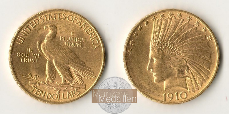 USA  10 Dollar MM-Frankfurt Feingold: 15,05g Eagle Indian Head 1910 