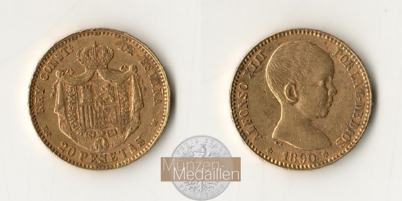 Spanien MM-Frankfurt Feingold: 5,81g 20 Pesetas 1890 