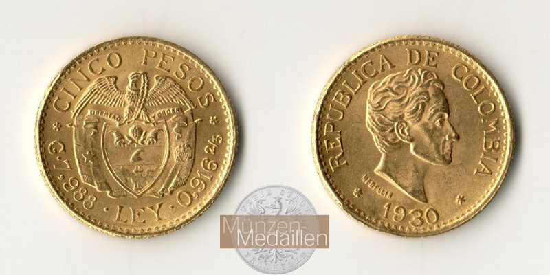 Kolumbien Feingold: 7,32g 5 Pesos 1930 