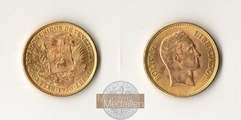 Venezuela MM-Frankfurt  Feingewicht: 2,9g Gold 20 Bolivares 1930 