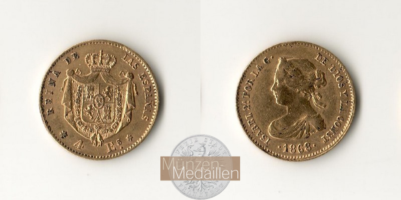 Spanien MM-Frankfurt Feingold: 2,97g 4 Escudos - Isabel II 1868 