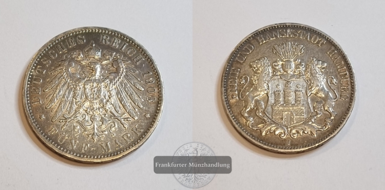  Deutsches Kaiserreich. Hamburg, Freie und Hansestadt. 5 Mark 1908 J  FM-Frankfurt   Feinsilber: 25g   