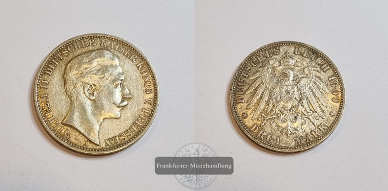  Deutsches Kaiserreich 3 Mark 1909 A Wilhelm II FM-Frankfurt KM#527 Feinsilber: 15g   