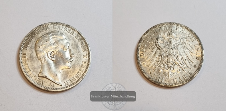  Deutsches Kaiserreich Preussen, Wilhelm II. 1888-1918.  3 Mark 1909 A  FM-Frankfurt Feinsilber: 15g   