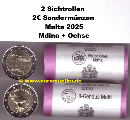 Malta 2 Rollen 2 Euro Gedenkmünzen 2025...Mdina + Ochse   