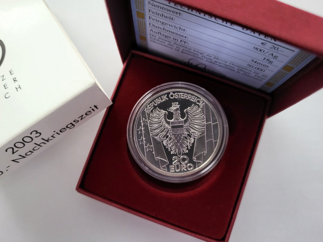  20 Euro 2003 Nachkriegszeit 900/20g silber Österreich Spittalgold9800 (5370   