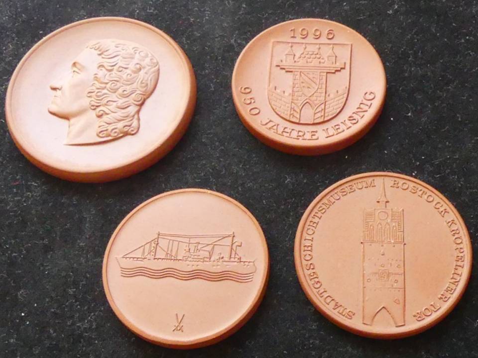  Sammlung 4 x Steinzeug Medaillen Meissen Rostock Stralsund Leisnig   
