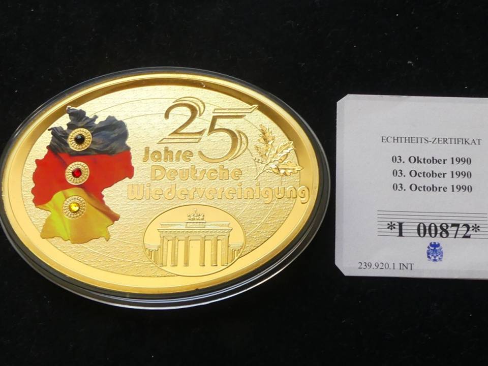  Gigant Medaille 25 Jahre Wiedervereinigung 110 g Vergo1dung Swarovski   