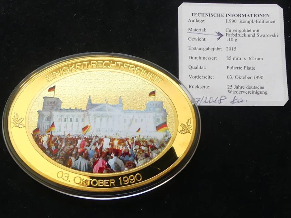  Gigant Medaille 25 Jahre Wiedervereinigung 110 g Vergo1dung Swarovski   